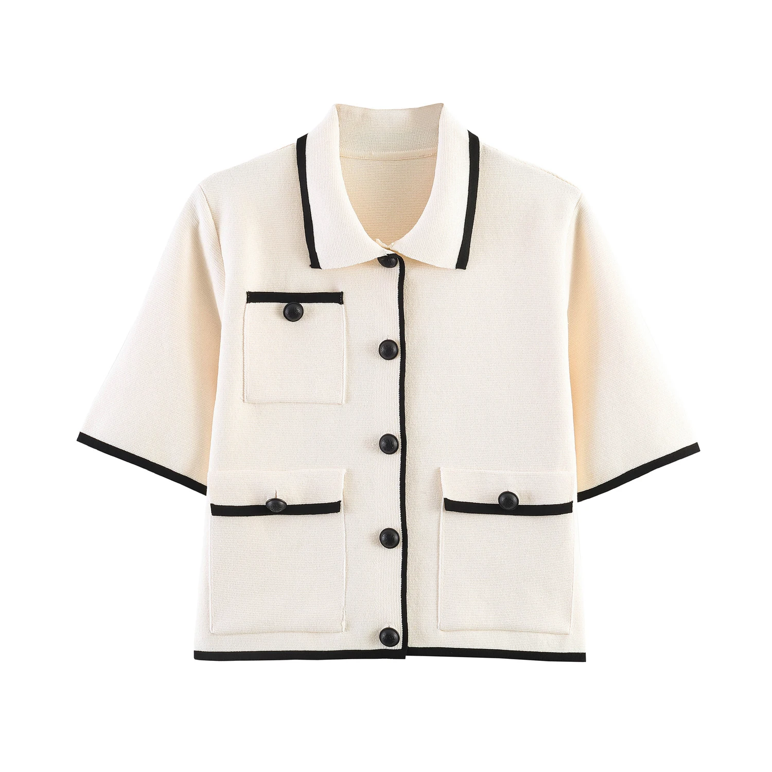 European and American style 2026 summer new women's casual POLO collar contrasting color trimmed short sleeved knitted jacket
European and American style 2026 summer new women's casual POLO collar contrasting color trimmed short sleeved knitted jacket