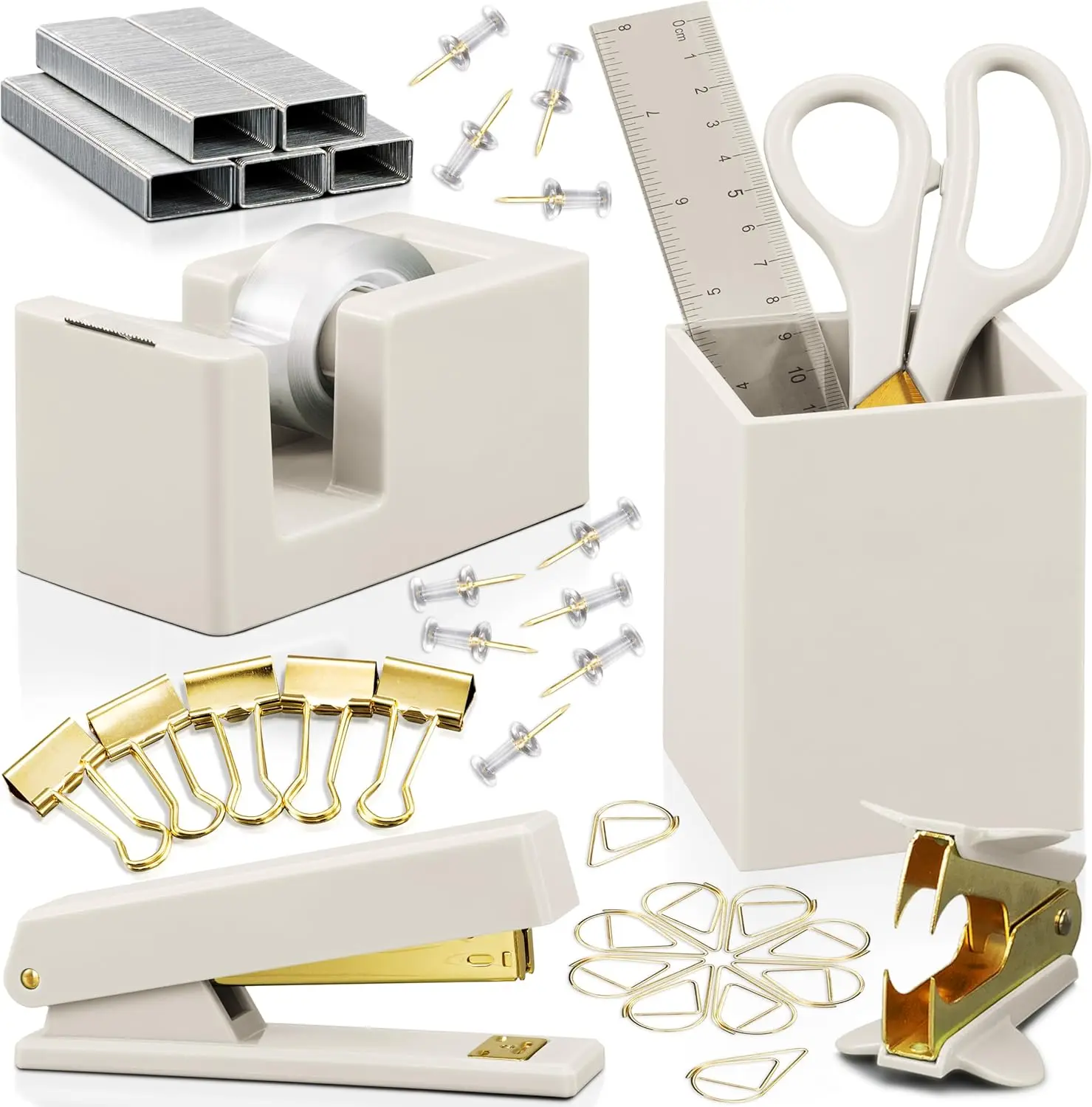Gold Desk Accessories Set - Complete Office Organizer for Women, Pen Holder, Scissors, Stapler, Tape Dispenser
Gold Desk Accessories Set - Complete Office Organizer for Women, Pen Holder, Scissors, Stapler, Tape Dispenser
