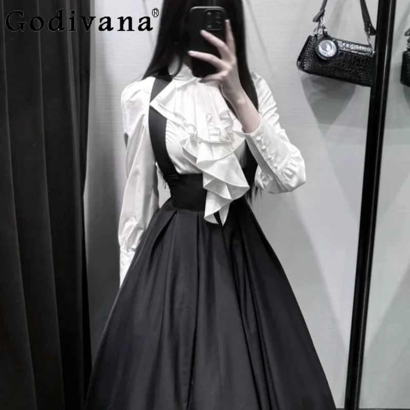 Autumn Two Piece Set for Women Lantern Long Sleeve White Shirt Lolita Strap Dress Suits Female Gothic Style Lolita Outfits
Autumn Two Piece Set for Women Lantern Long Sleeve White Shirt Lolita Strap Dress Suits Female Gothic Style Lolita Outfits
