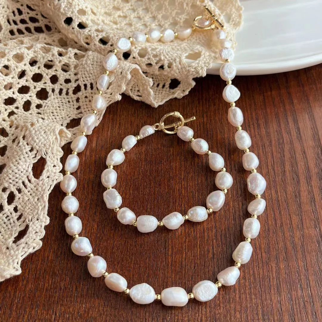 Natural White Baroque 8-10mm Freshwater Pearl Bracelet Necklace Set
Natural White Baroque 8-10mm Freshwater Pearl Bracelet Necklace Set