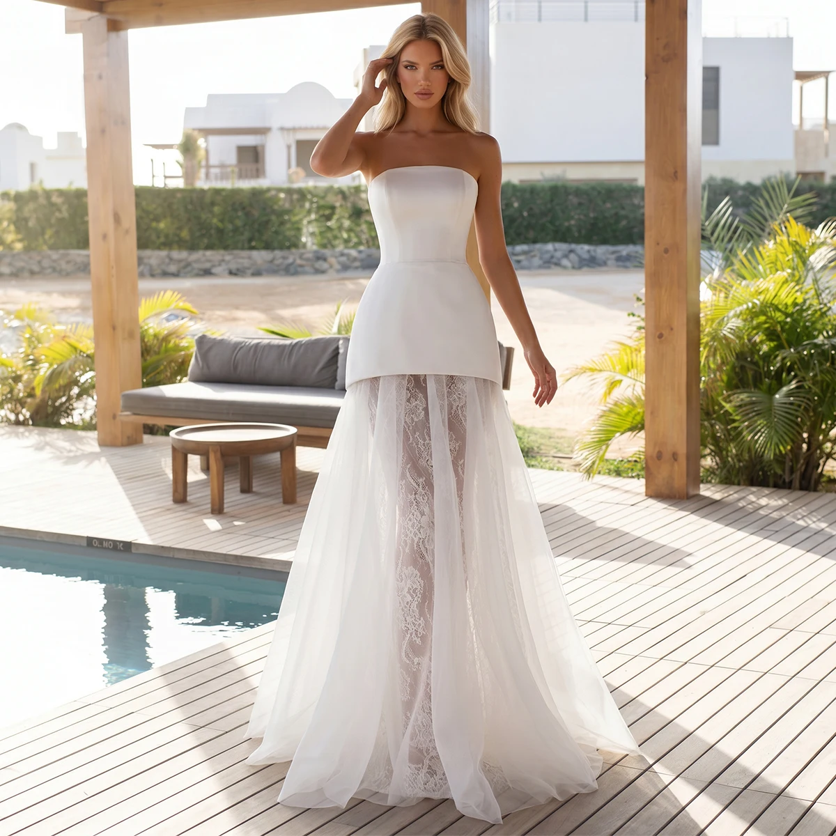 Classic Tulle Lace Ball Gown For Bride Strapless Bridal Party Gown For Women Satin Wedding Dress Long Vestidos Novia
Classic Tulle Lace Ball Gown For Bride Strapless Bridal Party Gown For Women Satin Wedding Dress Long Vestidos Novia