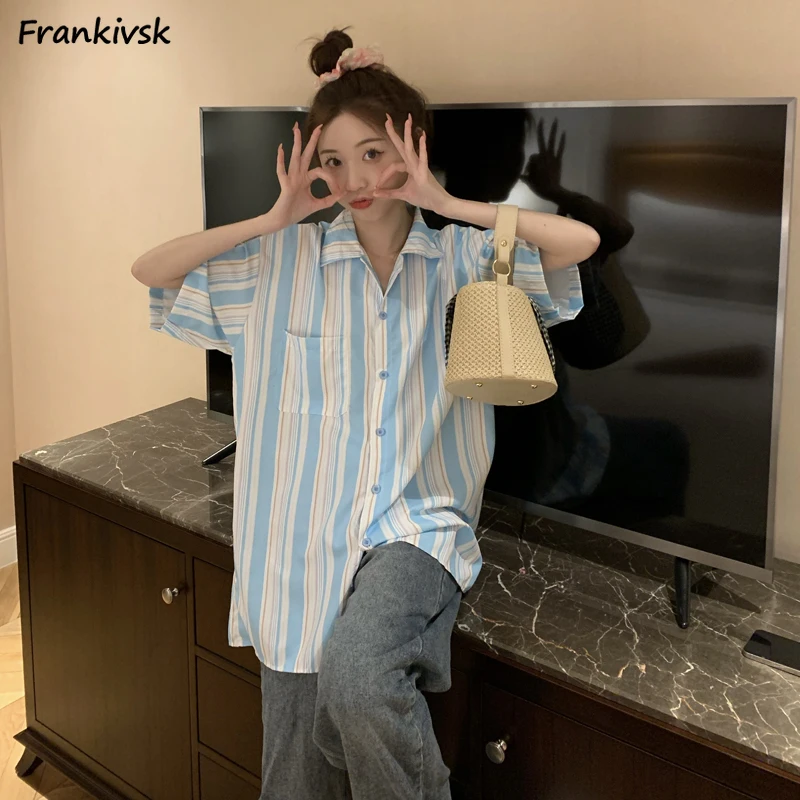 Striped Shirts Women Casual Summer Simple Comfortable All-match Single Breasted Blue Loose Turn-down Collar Girls Thin Popular
Striped Shirts Women Casual Summer Simple Comfortable All-match Single Breasted Blue Loose Turn-down Collar Girls Thin Popular
