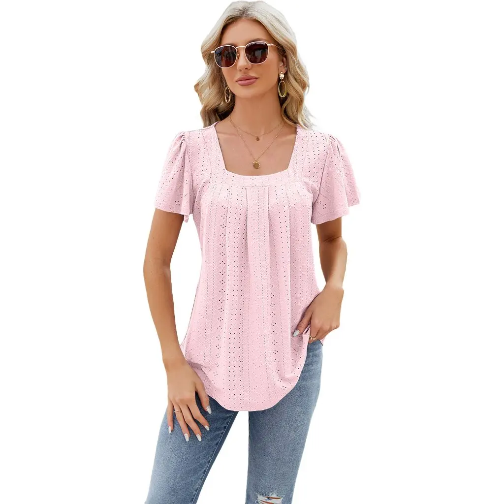 Women's Pleated Hollow Square Collar T-Shirt Jacquard Short Sleeve Dovetail European American Style Fashion Top
Women's Pleated Hollow Square Collar T-Shirt Jacquard Short Sleeve Dovetail European American Style Fashion Top