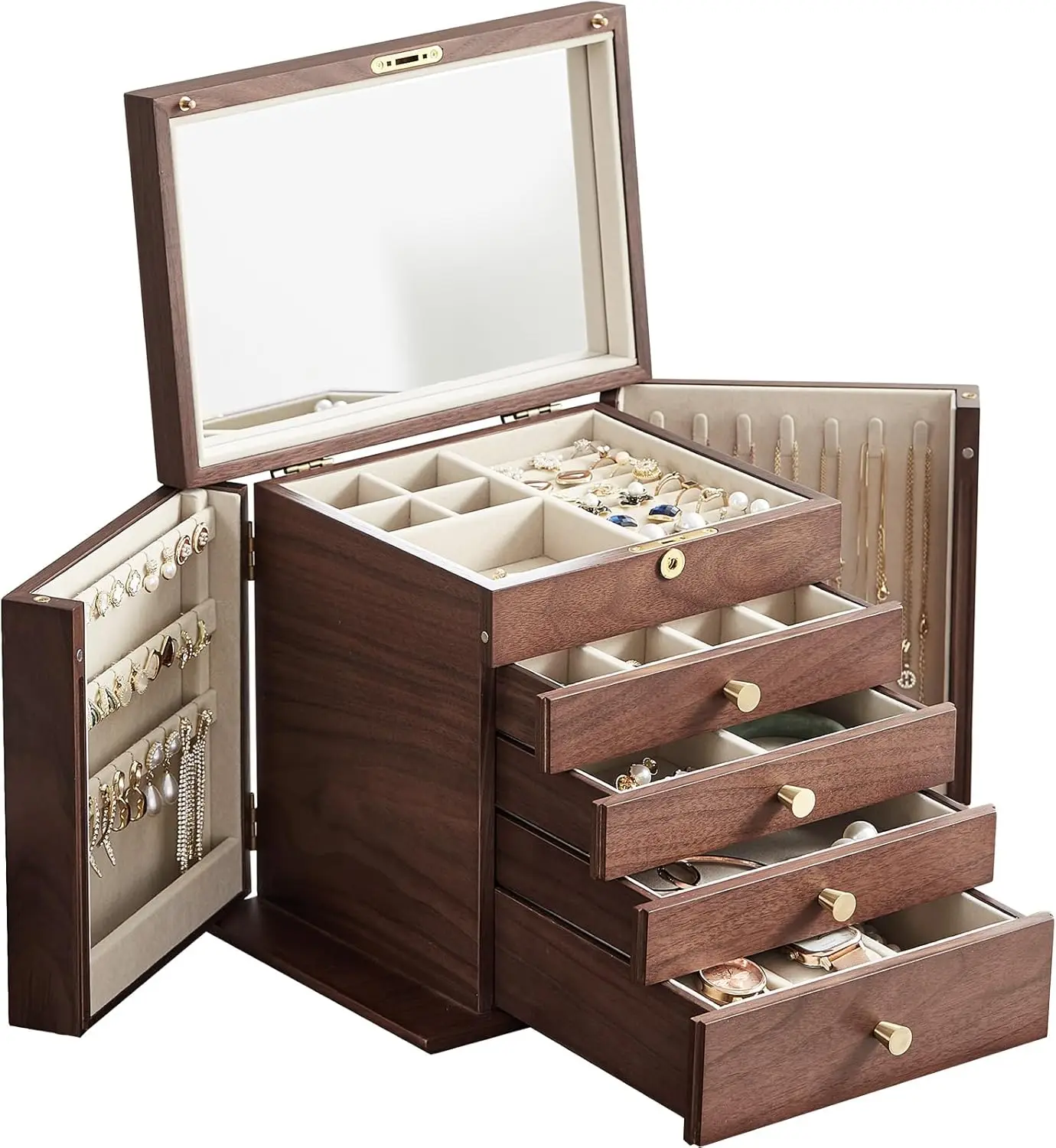 Black Walnut Jewelry Box for Women with Mirror, 5 Drawers & 2 Doors, Watch & Jewelry Storage Gift
Black Walnut Jewelry Box for Women with Mirror, 5 Drawers & 2 Doors, Watch & Jewelry Storage Gift