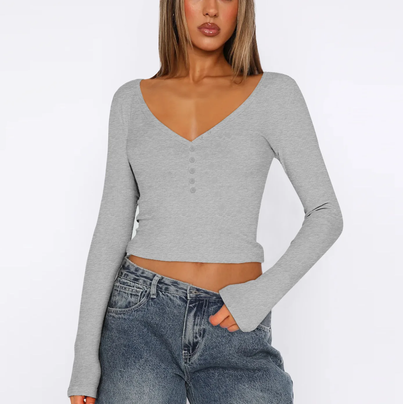 Short Open-button Long-sleeved T-shirt Top with Button V-neck Thread and Fashionable Inner Cover Pro Choice Women Clothing
Short Open-button Long-sleeved T-shirt Top with Button V-neck Thread and Fashionable Inner Cover Pro Choice Women Clothing