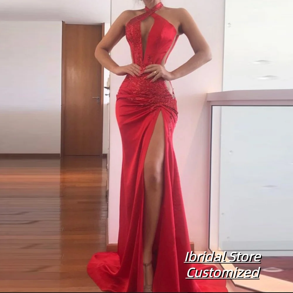 Customized Halter Red Satin Evening Dresses Criss-Cross Sexy Front Split Mermaid Floor Length Formal Pageant Party Prom Gowns
Customized Halter Red Satin Evening Dresses Criss-Cross Sexy Front Split Mermaid Floor Length Formal Pageant Party Prom Gowns