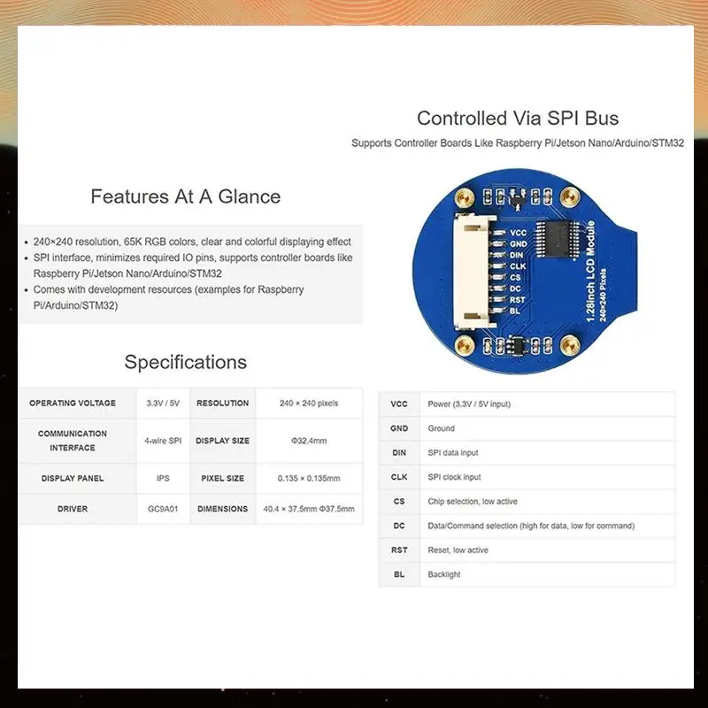 3 шт., 1,28-дюймовый круглый дисплей, модуль ЖК-экрана GC9A01, SPI-связь, RGB, 65 К, поддержка цветов для Raspberry-Y05A
3 шт., 1,28-дюймовый круглый дисплей, модуль ЖК-экрана GC9A01, SPI-связь, RGB, 65 К, поддержка цветов для Raspberry-Y05A