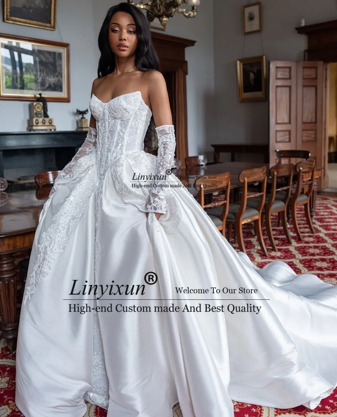 Elegant Lace Wedding Dress Strapless Lace Appliques Satin Detachable Long Sleeves Bridal Gown Customized vestido de novia gótico
Elegant Lace Wedding Dress Strapless Lace Appliques Satin Detachable Long Sleeves Bridal Gown Customized vestido de novia gótico