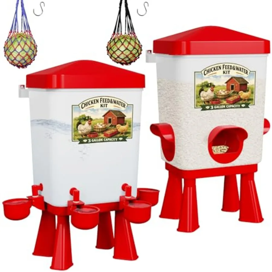 Chicken Feeder and Waterer Set, 3 Gallon/16 LB Automatic Poultry Feeding System with Hanging Option, No Waste Feeder Ports and
Chicken Feeder and Waterer Set, 3 Gallon/16 LB Automatic Poultry Feeding System with Hanging Option, No Waste Feeder Ports and