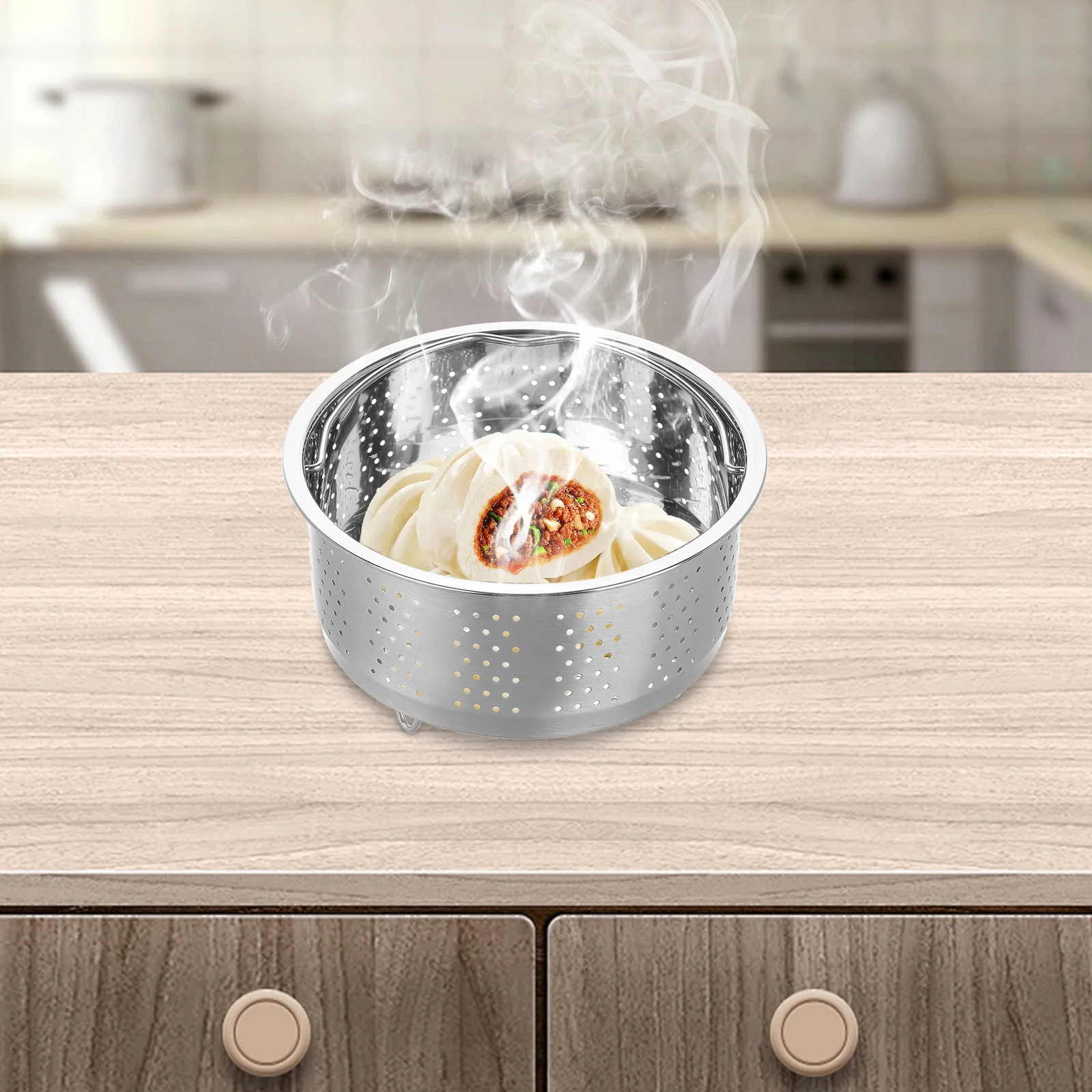 16.5cm Stainless Steel Steamer Basket for Rice Cooker with Stand Round Food Steaming Rack Dual Function Soup Separation Reusable