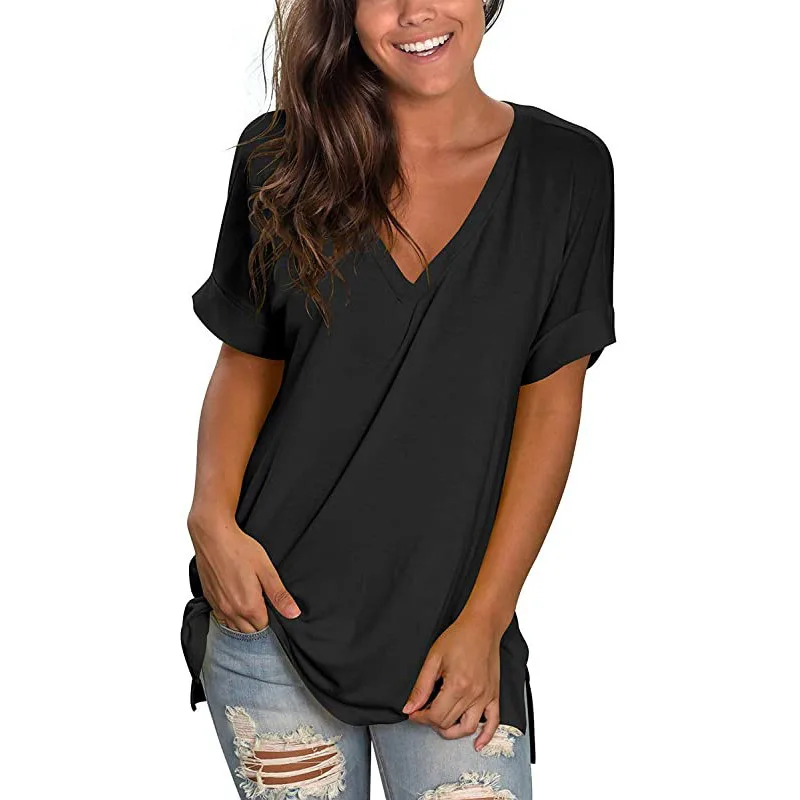 Popular summer V-neck in Europe and Americasolid color short sleeved loose T-shirt with split sidescross-border women's clothing
Popular summer V-neck in Europe and Americasolid color short sleeved loose T-shirt with split sidescross-border women's clothing