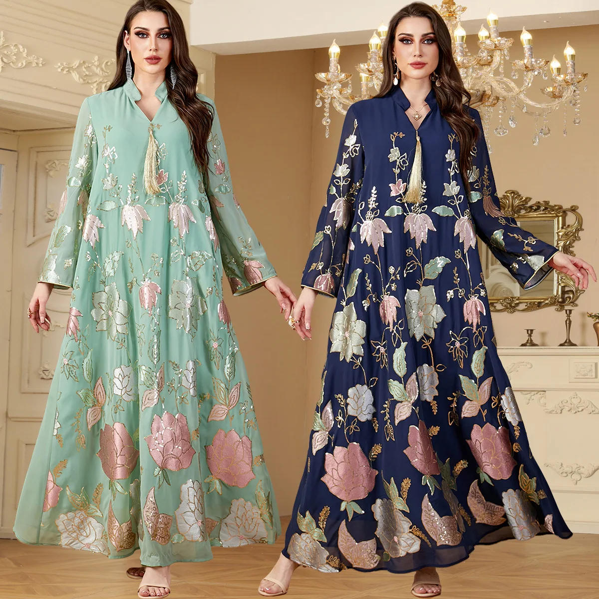 Muslim Middle East Sequin Embroidered Women's Robes Fashion Tassel Dubai New Evening Party Dress, Printed Long Sleeve Femme Robe
Muslim Middle East Sequin Embroidered Women's Robes Fashion Tassel Dubai New Evening Party Dress, Printed Long Sleeve Femme Robe