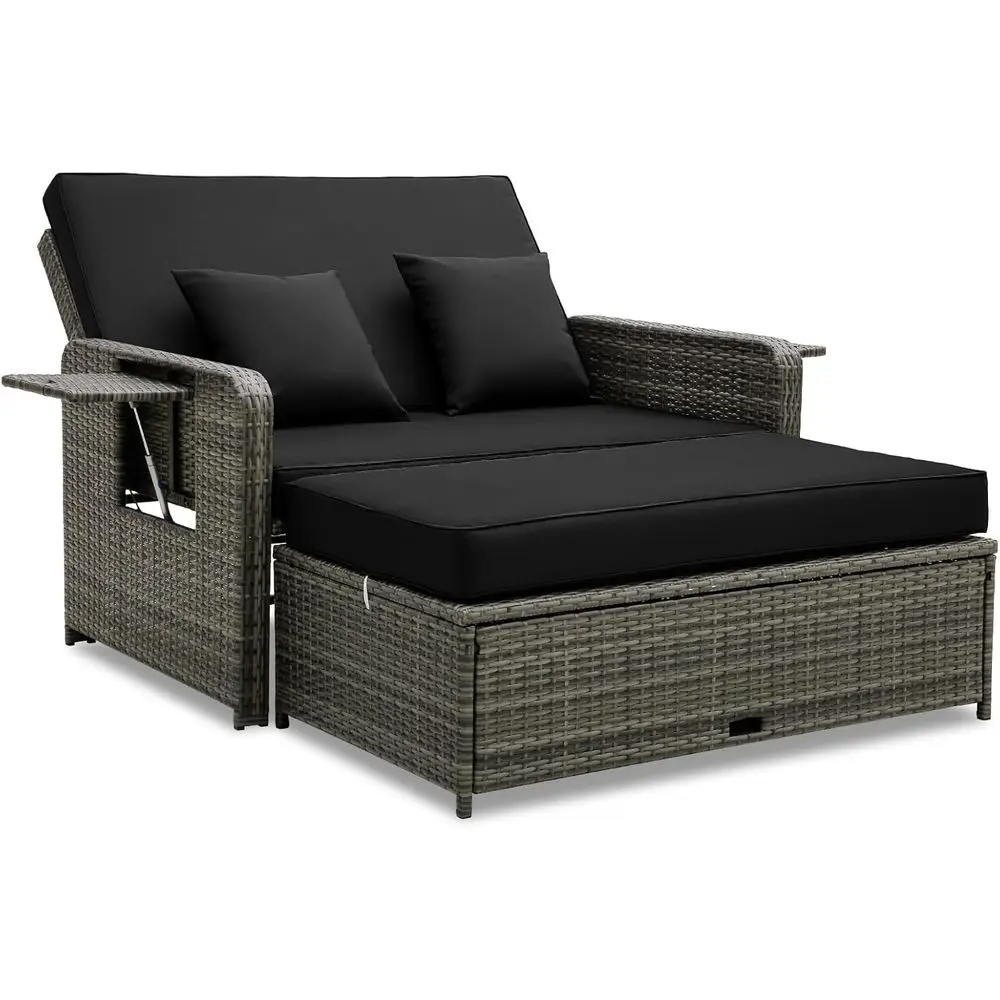 Уличная кушетка из ротанга с диваном-кроватью, оттоманкой для хранения, регулируемой спинкой и выдвижными столиками (черно-серая)
Уличная кушетка из ротанга с диваном-кроватью, оттоманкой для хранения, регулируемой спинкой и выдвижными столиками (черно-серая)