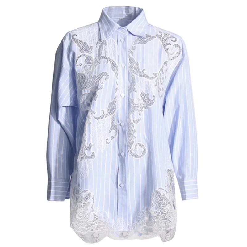 Lace Patchwork Casual Shirts Openwork Collared Striped Women's Shirts Versatile Loose Long-Sleeve Top Stylish Women's Clothing
Lace Patchwork Casual Shirts Openwork Collared Striped Women's Shirts Versatile Loose Long-Sleeve Top Stylish Women's Clothing
