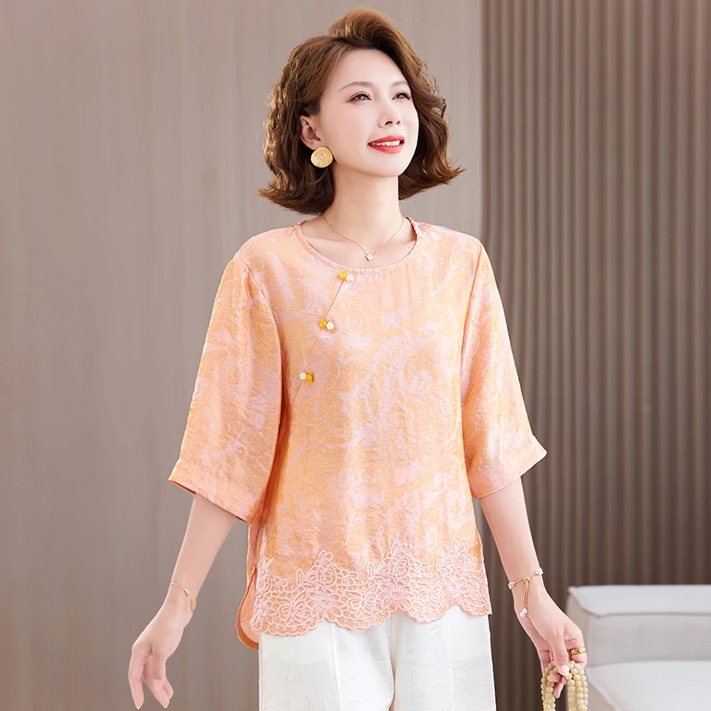 Loose Women's round Neck Mid-Sleeve T-Shirt New Chinese Style Base Shirt Comfortable Lazy Style Summer New Arrival
Loose Women's round Neck Mid-Sleeve T-Shirt New Chinese Style Base Shirt Comfortable Lazy Style Summer New Arrival