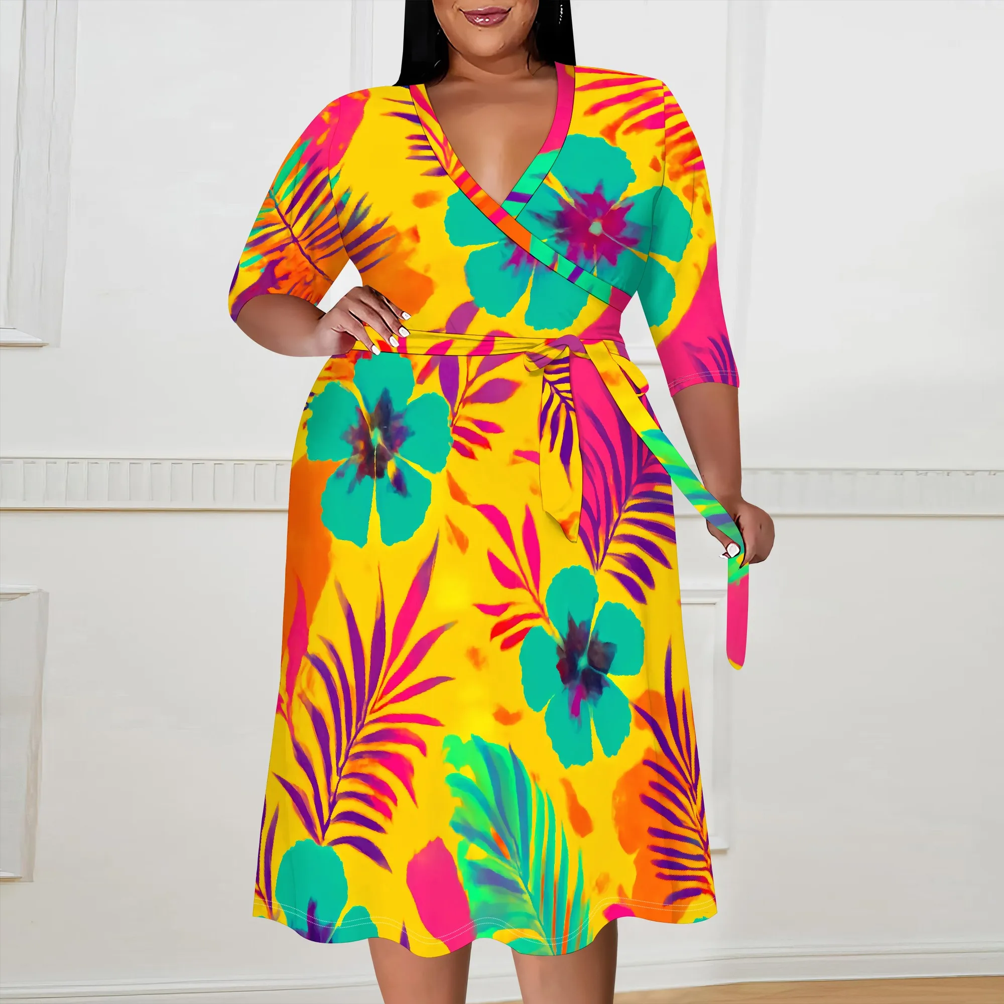 Tropical Floral Print Plus Size Dress XL-6XL V-Neck 3/4 Sleeve Belted Wrap Style for Beach Vacation, Luau or Summer Party
Tropical Floral Print Plus Size Dress XL-6XL V-Neck 3/4 Sleeve Belted Wrap Style for Beach Vacation, Luau or Summer Party