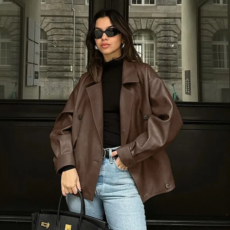Winter Retro Brown Leather Coat Women's Solid Color Loose Suit Collar Leather Coats with Buttons Medium Female Streetwear Jacket
Winter Retro Brown Leather Coat Women's Solid Color Loose Suit Collar Leather Coats with Buttons Medium Female Streetwear Jacket