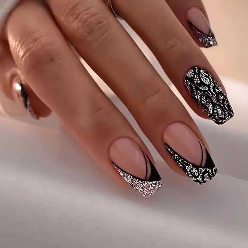 24Pcs Medium Coffin Press-on Nails: Geometric Black French Tips with Leopard Print & Glitter - Instagram Trendy Style
24Pcs Medium Coffin Press-on Nails: Geometric Black French Tips with Leopard Print & Glitter - Instagram Trendy Style