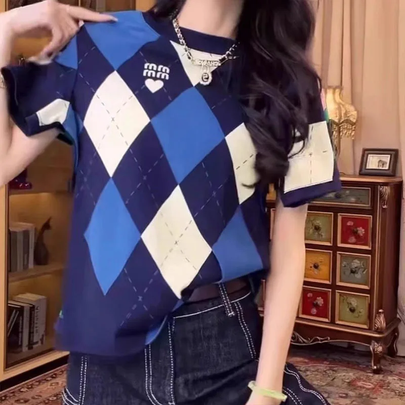 Summer Women's Fashion Contrast Plaid O-neck Knitwear Short Sleeve T-shirt Korean Y2k Chic Casual Letter Top Pullovers
Summer Women's Fashion Contrast Plaid O-neck Knitwear Short Sleeve T-shirt Korean Y2k Chic Casual Letter Top Pullovers