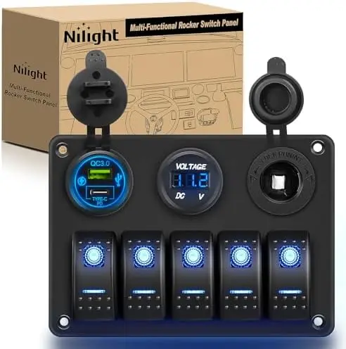 Nilight 5-Gang Rocker Switch Panel w/ USB & Cigarette Lighter - 12V/24V for Car, Truck, Boat, RV
Nilight 5-Gang Rocker Switch Panel w/ USB & Cigarette Lighter - 12V/24V for Car, Truck, Boat, RV