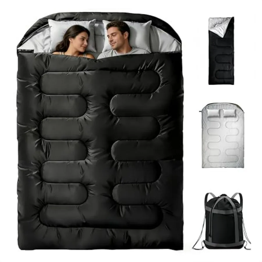 Camping double sleeping bag for 2 adults, polyester shell, gray, convertible to two singles with waterproof coating, integrated
Camping double sleeping bag for 2 adults, polyester shell, gray, convertible to two singles with waterproof coating, integrated