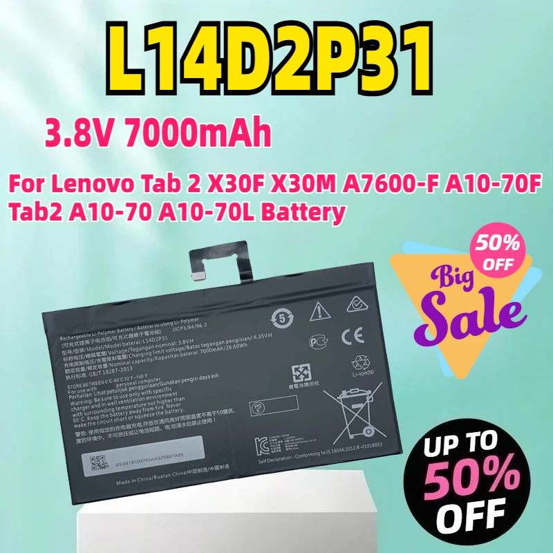 3,8 В 7000 мАч L14D2P31 для Lenovo Tab 2 X30F X30M A7600-F A10-70F Tab2 A10-70 A10-70L аккумулятор
3,8 В 7000 мАч L14D2P31 для Lenovo Tab 2 X30F X30M A7600-F A10-70F Tab2 A10-70 A10-70L аккумулятор