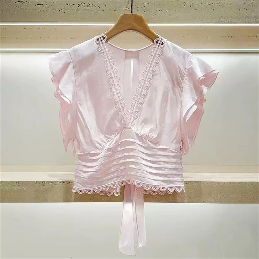 Pink Floral Embroidery Hollow out Backless Belted Shirt Summer Vacation Style Anti-Aging Korean Loose Fit Polyester Fiber
Pink Floral Embroidery Hollow out Backless Belted Shirt Summer Vacation Style Anti-Aging Korean Loose Fit Polyester Fiber