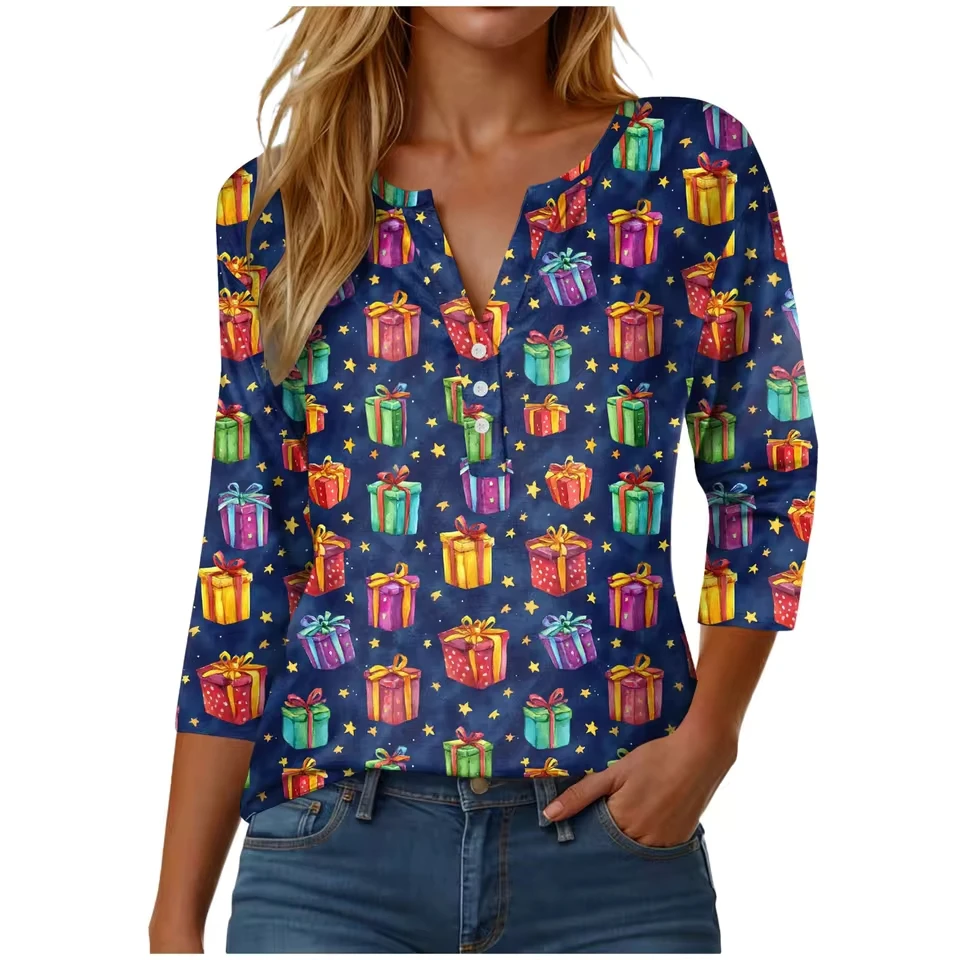 Women Funny Christmas Print Top Autumn Winter V Neck Button Down 3/4 Sleeve Comfortable Cotton TShirt Top Woman clothes
Women Funny Christmas Print Top Autumn Winter V Neck Button Down 3/4 Sleeve Comfortable Cotton TShirt Top Woman clothes