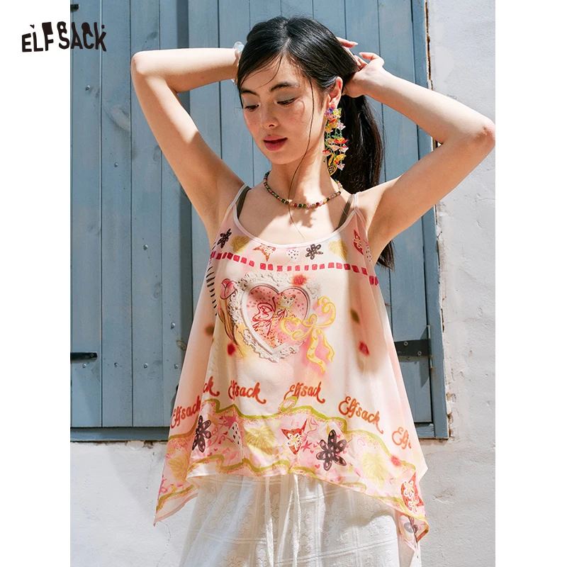 ELFSACK Y2K Graphic Print Chiffon Cami Top with Knit Liner, Tie Strap Sheer Layered Blouse, Irregular Hem Flowy Summer Top
ELFSACK Y2K Graphic Print Chiffon Cami Top with Knit Liner, Tie Strap Sheer Layered Blouse, Irregular Hem Flowy Summer Top
