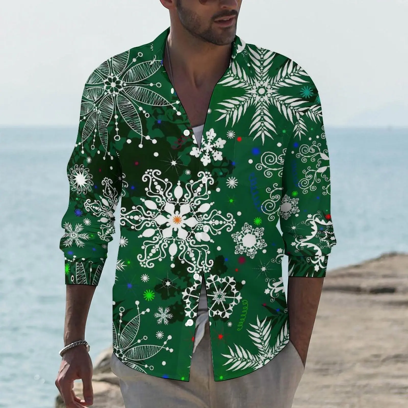Christmas Snowflake Shirt Spring Green Print Casual Shirts Male Fashion Blouses Long Sleeve Printed Funny Top Big Size
Christmas Snowflake Shirt Spring Green Print Casual Shirts Male Fashion Blouses Long Sleeve Printed Funny Top Big Size
