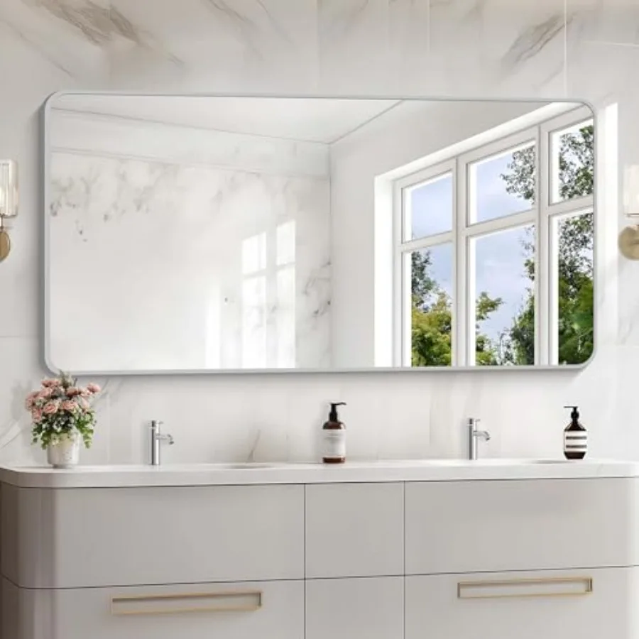 Bathroom vanity mirror 30x60 inch silver metal frame rectangular shape with rounded corners wall-mounted for living room bedroo
Bathroom vanity mirror 30x60 inch silver metal frame rectangular shape with rounded corners wall-mounted for living room bedroo
