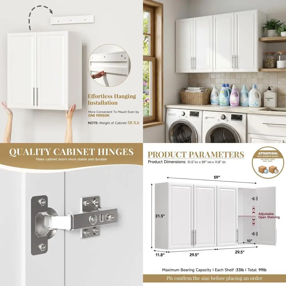 60 Wall-Mounted Laundry Room Cabinet with Adjustable Shelves, White
60 Wall-Mounted Laundry Room Cabinet with Adjustable Shelves, White