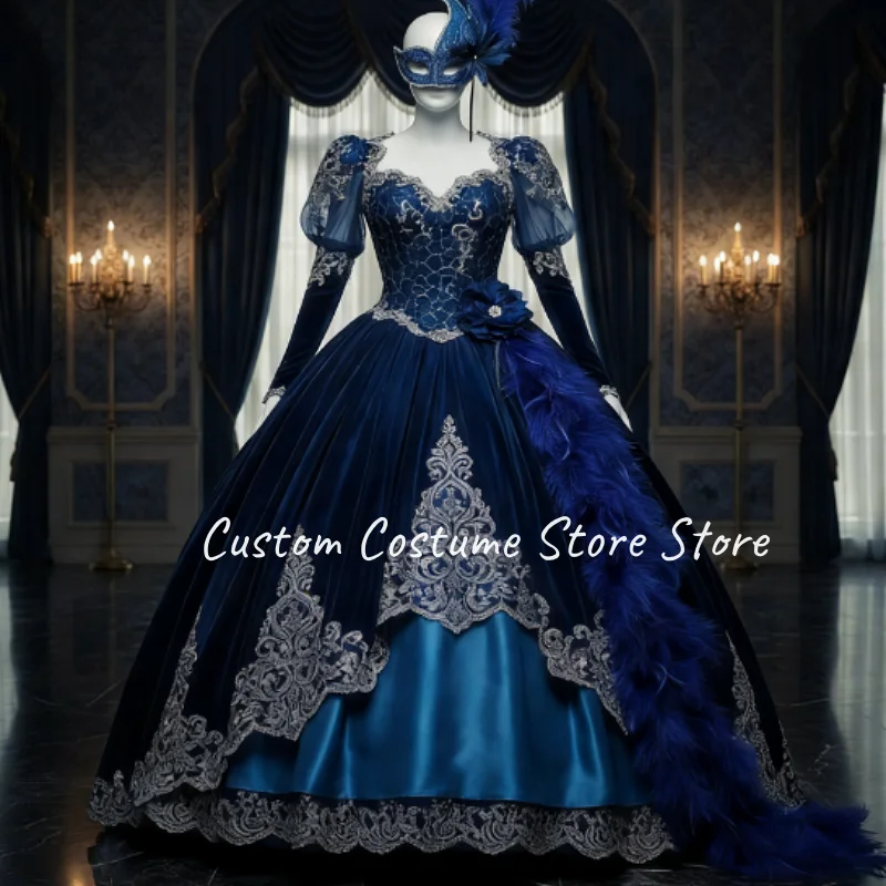 Ghost Blue Victorian Ball Gown V-neck Luxury Masquerade Dress Lace Appliqué, Feathers Beading Vintage Evening Gown Customized
Ghost Blue Victorian Ball Gown V-neck Luxury Masquerade Dress Lace Appliqué, Feathers Beading Vintage Evening Gown Customized