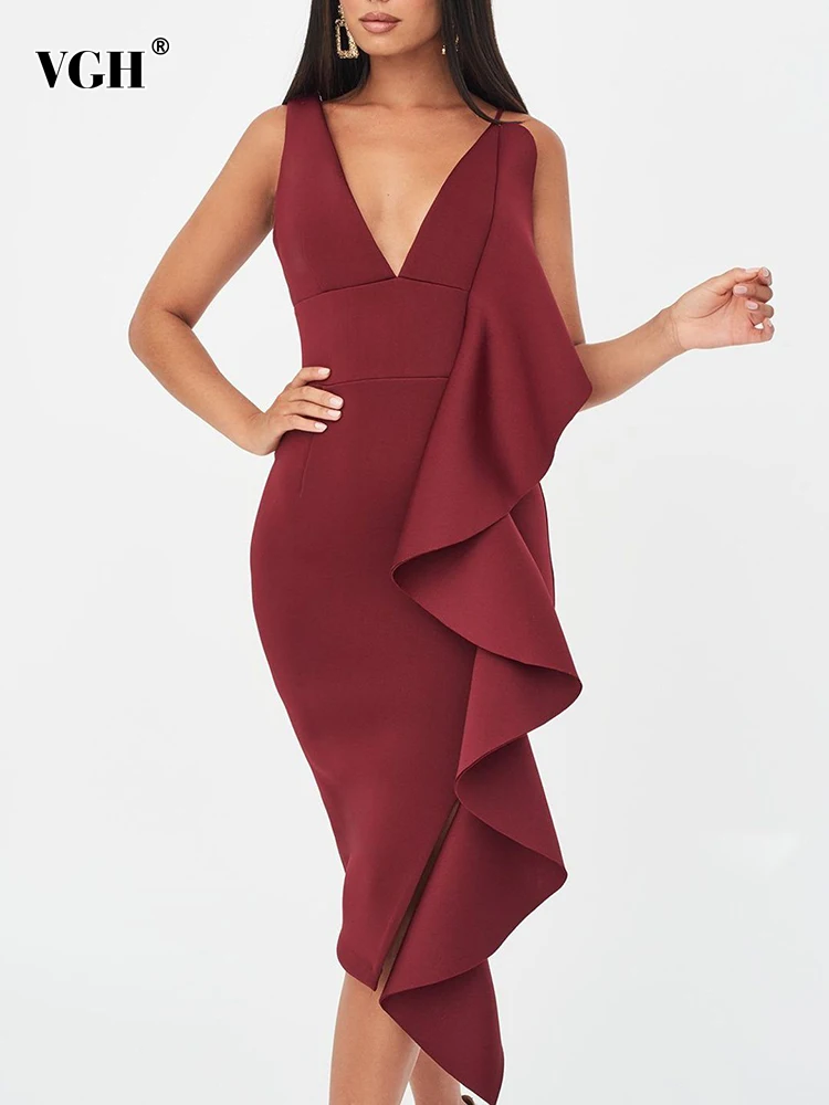 VGH Spliced Ruffles Formal Dresses For Women V Neck Sleeveless High Waist Sexy Elegant Midi Dress Female Style 2023 Clothing New
VGH Spliced Ruffles Formal Dresses For Women V Neck Sleeveless High Waist Sexy Elegant Midi Dress Female Style 2023 Clothing New