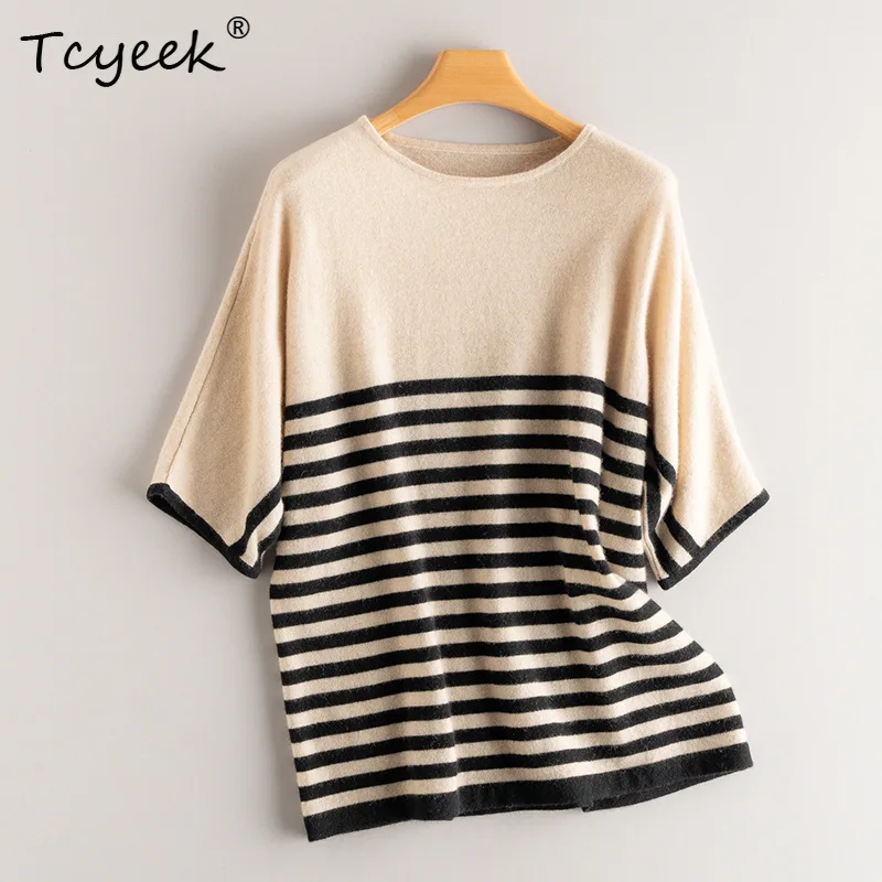 Tcyeek, 100%Pure Cashmere Elegant Sweater, Women Hald Sleeve Striped, French Loose Knit Sweater, 2024 Autumn Winter T47006QC
Tcyeek, 100%Pure Cashmere Elegant Sweater, Women Hald Sleeve Striped, French Loose Knit Sweater, 2024 Autumn Winter T47006QC