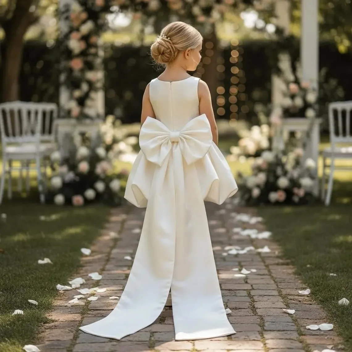 Custom Satin Formal Flower Girl Dress Sleeveless Round Neck High Low Hem Bow Wedding Dress Girls First Christening Gown 2025 New
Custom Satin Formal Flower Girl Dress Sleeveless Round Neck High Low Hem Bow Wedding Dress Girls First Christening Gown 2025 New
