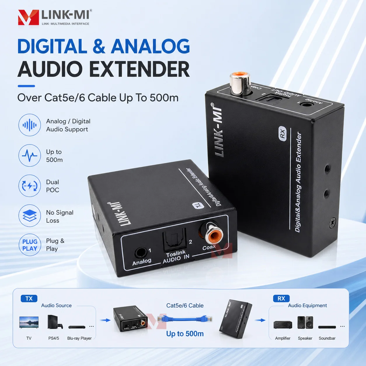 300M Digital 500m Digital&Analog Audio Extender over RJ45 Cat5e/6 Cable Coax Toslink For Restaurant/Bar/KTV
300M Digital 500m Digital&Analog Audio Extender over RJ45 Cat5e/6 Cable Coax Toslink For Restaurant/Bar/KTV