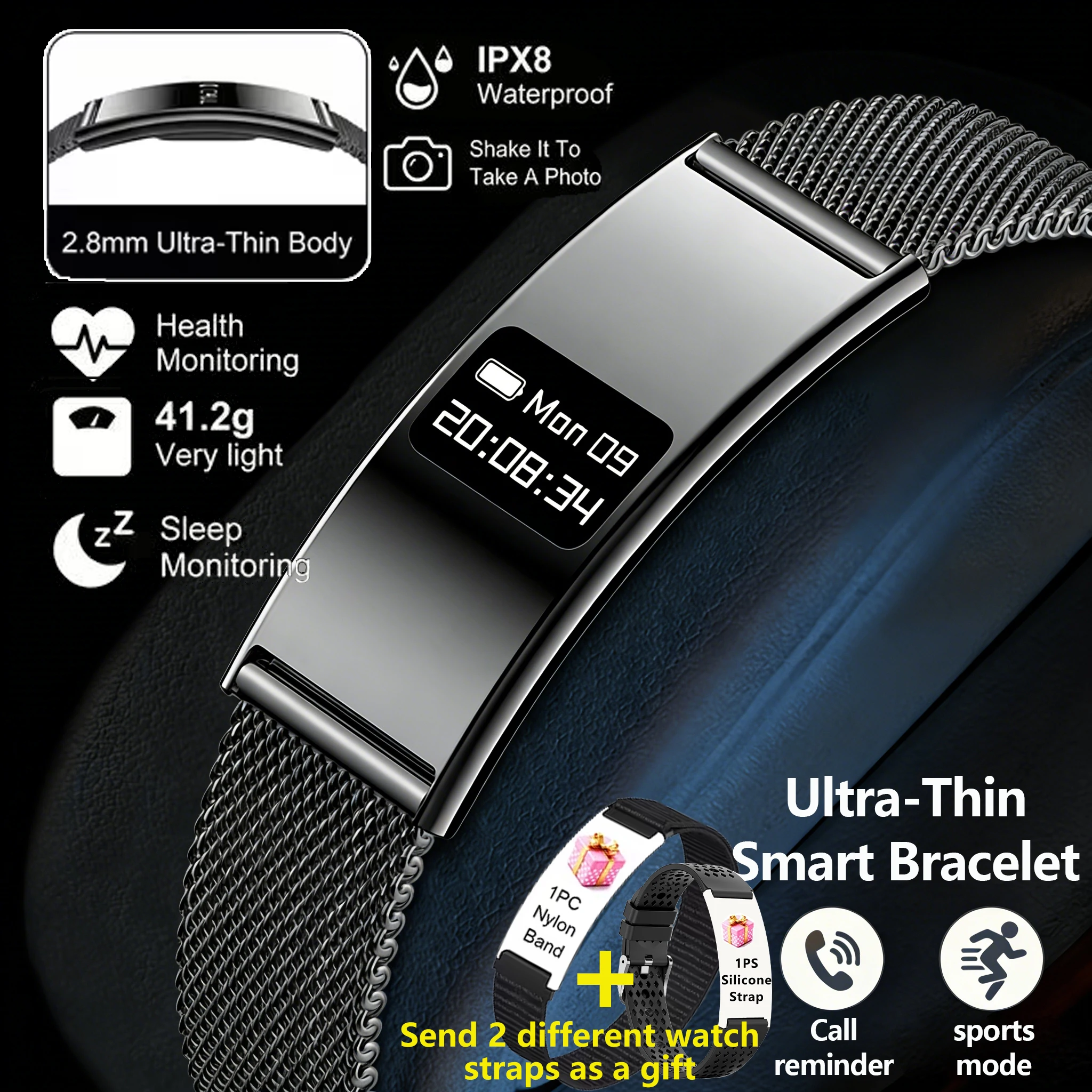 Ultra thin smart wristband for heart rate and sleep monitoring IPX8 waterproof fitness tracker women's sports smart wristbands
Ultra thin smart wristband for heart rate and sleep monitoring IPX8 waterproof fitness tracker women's sports smart wristbands