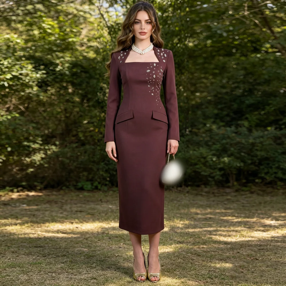 Customized Classic Long Sleeves Evening Gowns Rhinestone Straight Square Neck Midi Dresses Elegant Party Wedding Guest Dress
Customized Classic Long Sleeves Evening Gowns Rhinestone Straight Square Neck Midi Dresses Elegant Party Wedding Guest Dress