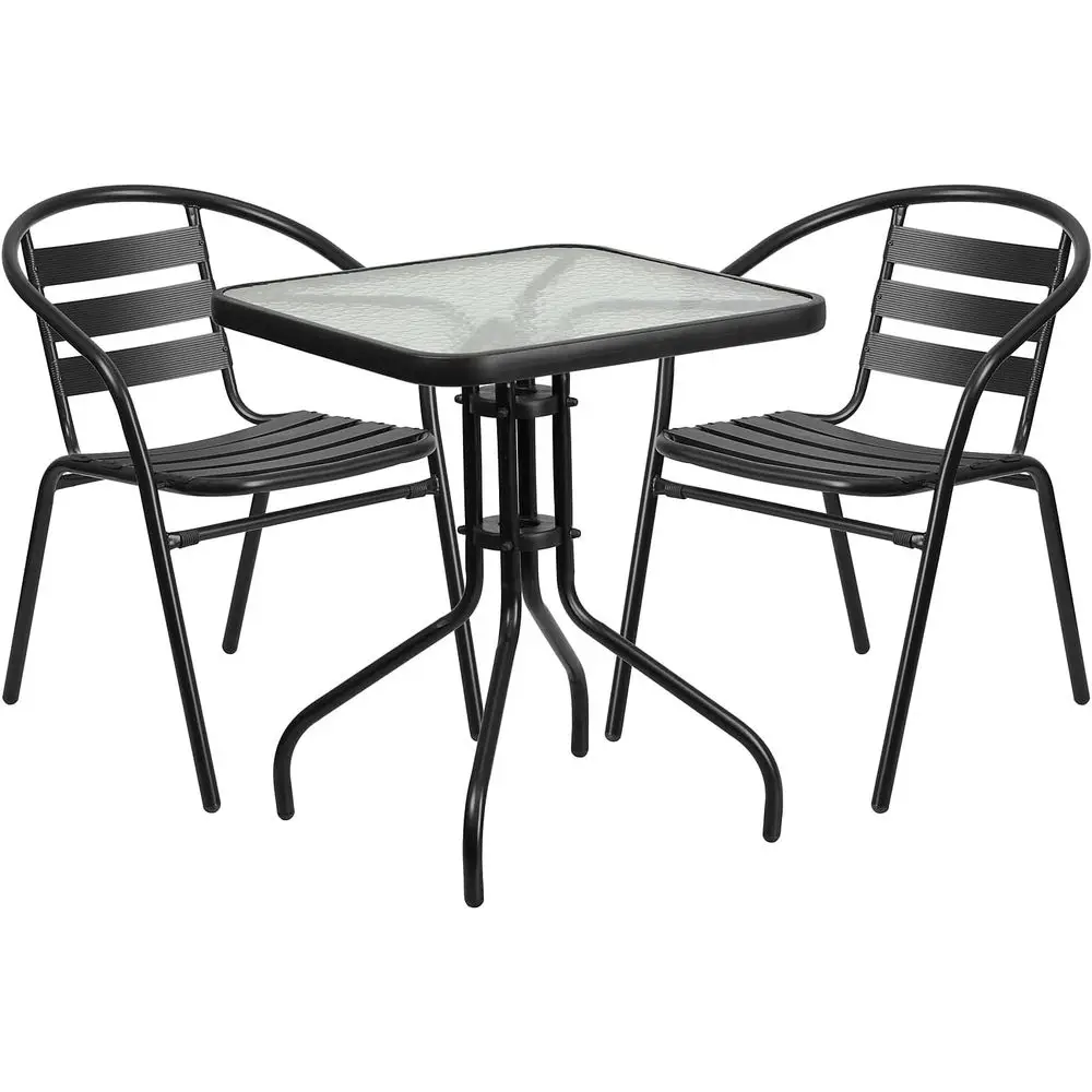 Lila 23.5'' Square Glass Metal Table with 2 Black Metal Slat Stack Chairs
Lila 23.5'' Square Glass Metal Table with 2 Black Metal Slat Stack Chairs