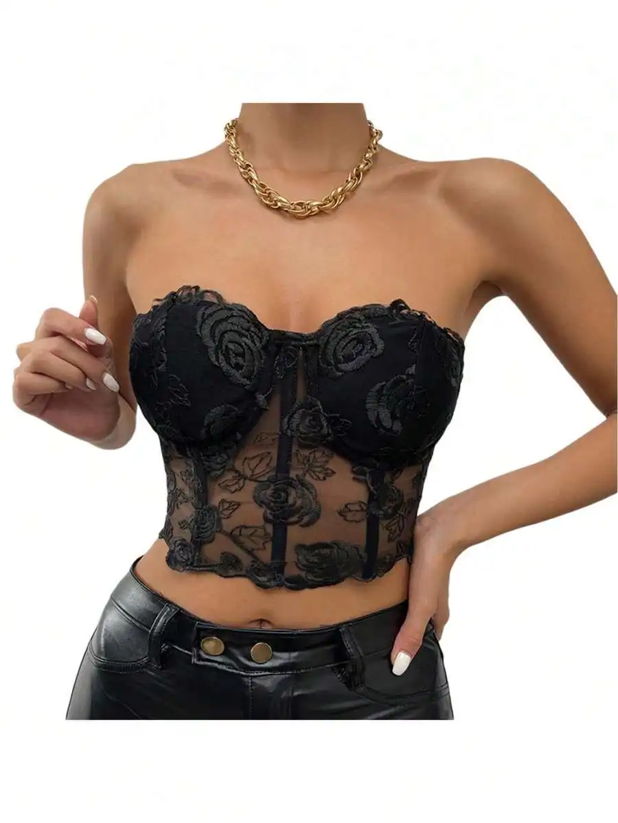 Womens Black Floral Embroidery See Through Bustier Tube Top For Club Party
Womens Black Floral Embroidery See Through Bustier Tube Top For Club Party