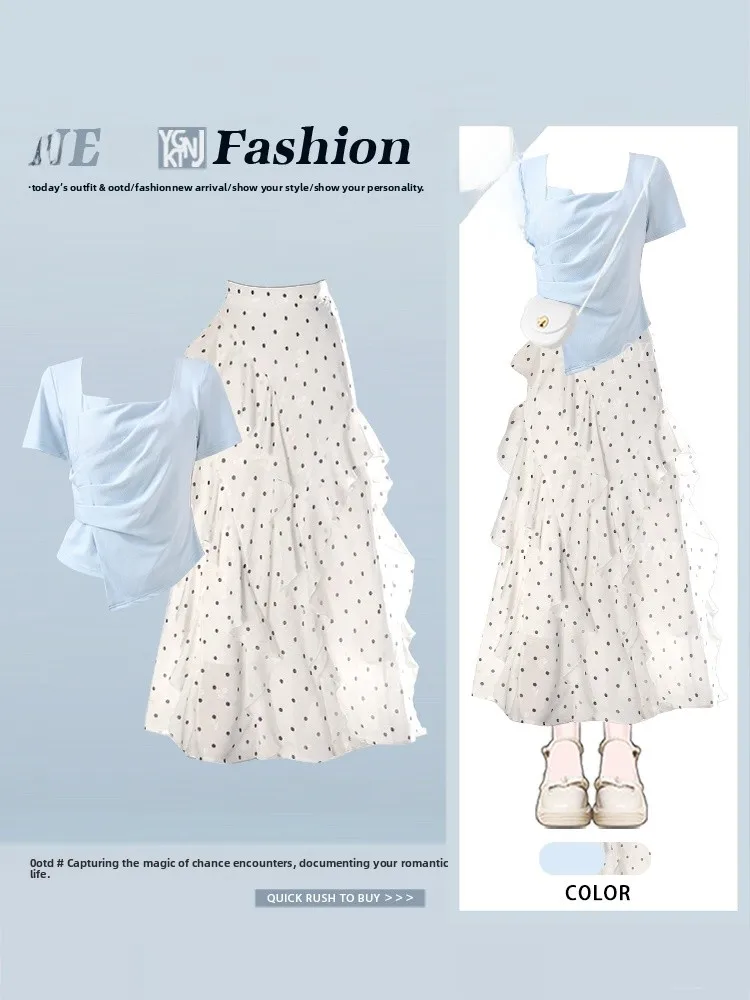 Korean Style Sweet Gentle Fashion Slimming T-Shirt Women's Chic Polka Dot round Neck Half Skirt Set Ageless Casual Wear
Korean Style Sweet Gentle Fashion Slimming T-Shirt Women's Chic Polka Dot round Neck Half Skirt Set Ageless Casual Wear