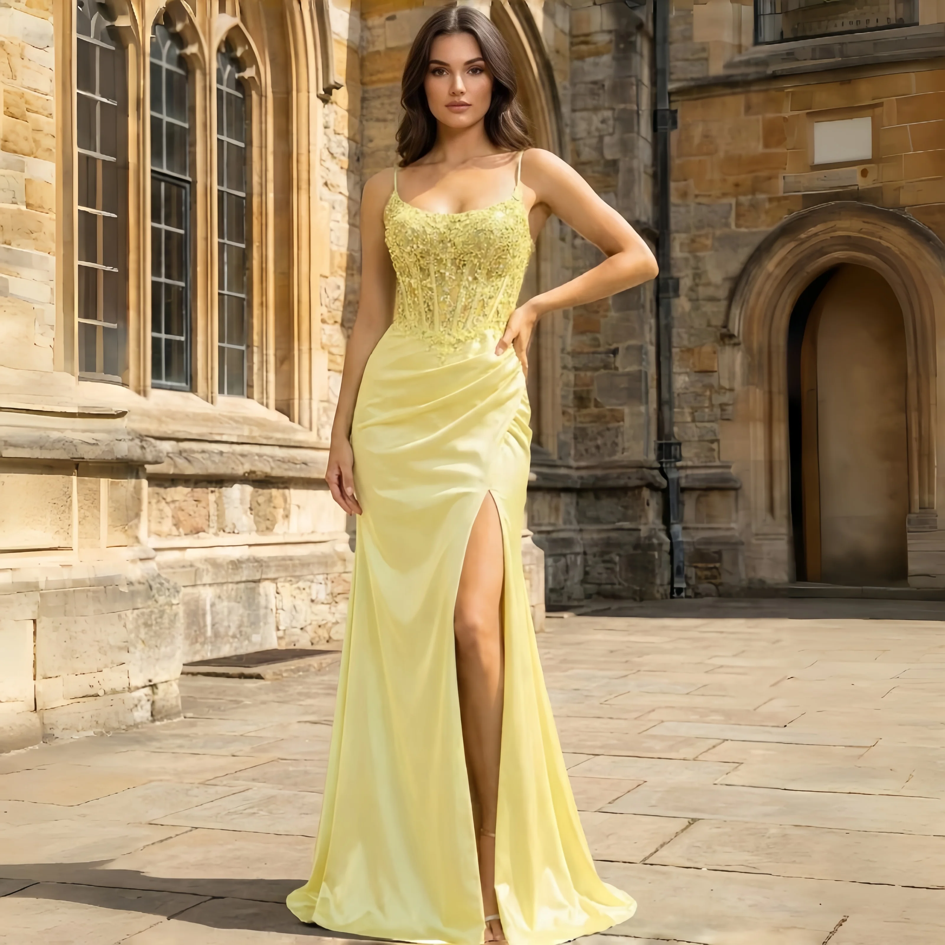 Sexy Yellow Spaghetti Strap Evening Gown Lace Embroidery Corset Bodice Backless Lace-Up High Slit Satin Mermaid Formal Dress
Sexy Yellow Spaghetti Strap Evening Gown Lace Embroidery Corset Bodice Backless Lace-Up High Slit Satin Mermaid Formal Dress