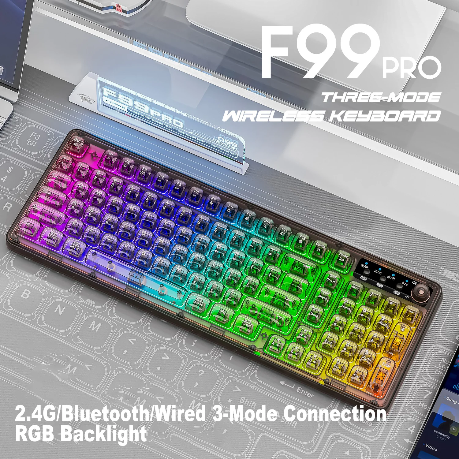 Transparent Wireless Keyboard 2.4G/Bluetooth/Wired Tri-Mode RGB Backlit Mute Mechanical keyboard Rechargeable Bluetooth Keyboard 
Transparent Wireless Keyboard 2.4G/Bluetooth/Wired Tri-Mode RGB Backlit Mute Mechanical keyboard Rechargeable Bluetooth Keyboard