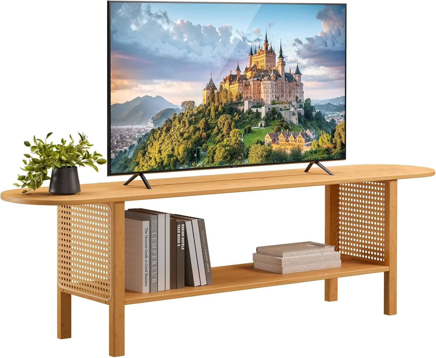 Bamboo TV Stand with Storage for TVs up to 65", Modern Entertainment Center with Rattan Side, Accent TV Table with 2 Shelf,
Bamboo TV Stand with Storage for TVs up to 65", Modern Entertainment Center with Rattan Side, Accent TV Table with 2 Shelf,