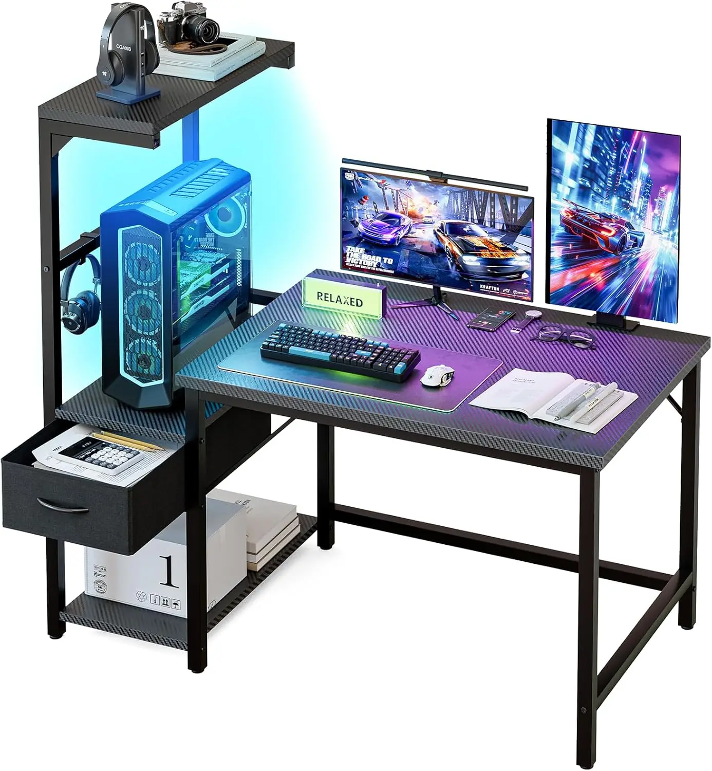 Gaming Desk 47 Inch with CPU Stand and LED Light, Computer Desk with Reversible Shelves and Storage
Gaming Desk 47 Inch with CPU Stand and LED Light, Computer Desk with Reversible Shelves and Storage