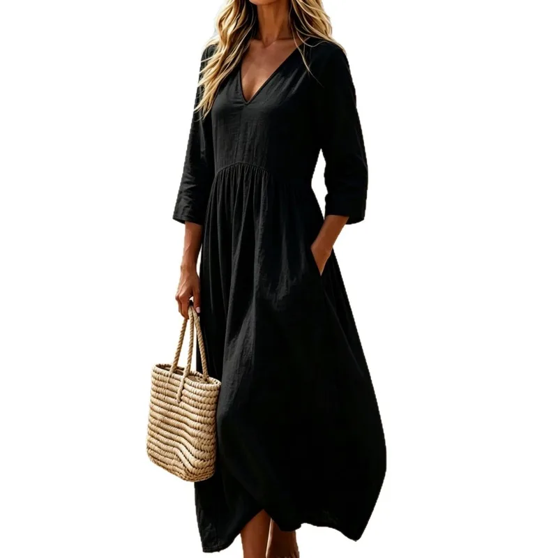 New Solid-color Cotton Linen V-neck Three-quarter Sleeve Dress Women's Vacation Long Dress European and American Spring/Summer
New Solid-color Cotton Linen V-neck Three-quarter Sleeve Dress Women's Vacation Long Dress European and American Spring/Summer