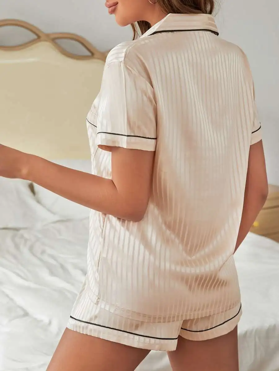 Striped Satin Button Front Pajama Set For Women
Striped Satin Button Front Pajama Set For Women