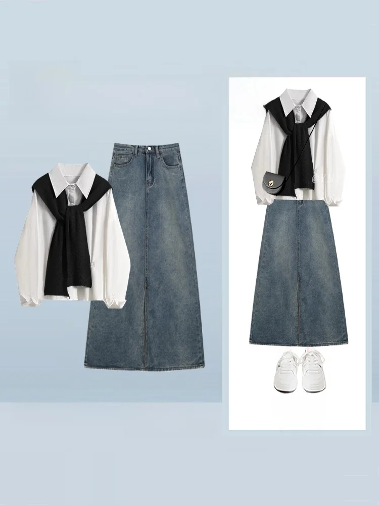 Осенне-зимний женский модный комплект для колледжа, корейский универсальный топ irt, шило с джинсовой юбкой, свободный крой с высокой талией
Осенне-зимний женский модный комплект для колледжа, корейский универсальный топ irt, шило с джинсовой юбкой, свободный крой с высокой талией