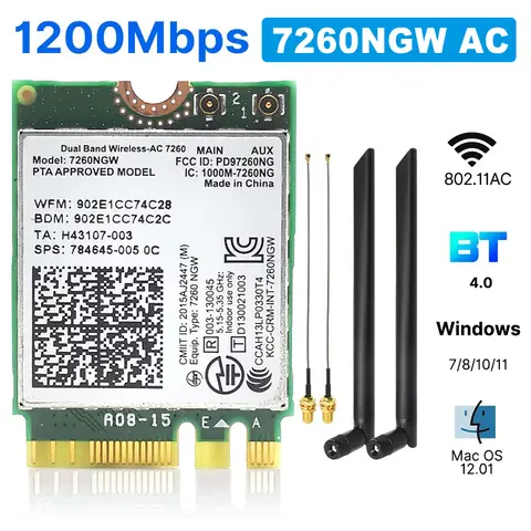 7260AC Bluetooth4.0 WiFi 1200Mbps ワイヤレスネットワークカード NGFF M.2 Wifi ドングル 802.11AC デュアルバンド 2.4 グラム 5 グラムラップトップ AC 7260NGW